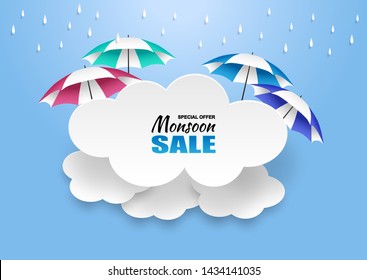 Monsoon, Rainy Season sale background . Cloud rain and umbrella  on blue sky. vector.