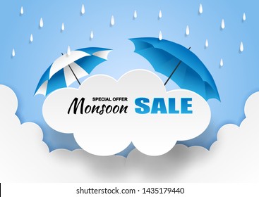 Monsoon, Rainy Season Sale Background . Cloud Rain And Umbrella  On Blue Sky. Vector.