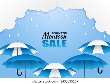 Monsoon, Rainy Season sale background . Cloud rain and umbrella  on blue sky. vector.