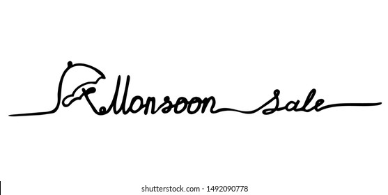Monsoon rainy season sale, handwritten phrases. Line art.  Design template