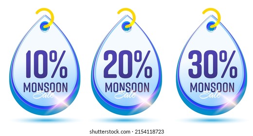 Monsoon Sale. Up To 10, 20, 30 Percent Price Off Product Tag Set During Monsoon Sale. Promo Badge Label Hanging On Goods Vector Illustration. Fashion Clothes And Accessories Clearance Shopping