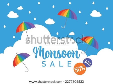 Monsoon sale background with sky and colorful rainbow umbrellas. Sky with clouds, stars. White and blue background. Romantic kawaii design. Cute sky graphic. Cloudscape