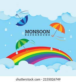 Monsoon sale background with umbrellas flying around and rainbow  - Vector illustration