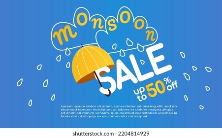 Monsoon sale background vector illustration. Cute yellow umbrella, white clouds and raindrops. Poster for Monsoon season