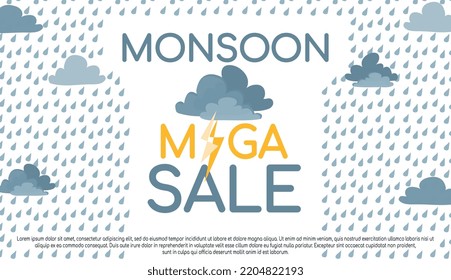 Monsoon sale background vector illustration. Cute clouds with lightning and raindrops. Poster for Monsoon season. Flat cartoon style template isolated on white background