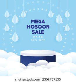 Monsoon sale banenr template. product podium in clouds and hanging artistic water drops