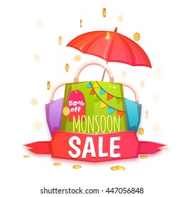 Monsoon sale banner with color packet and coins. Vector illustration.