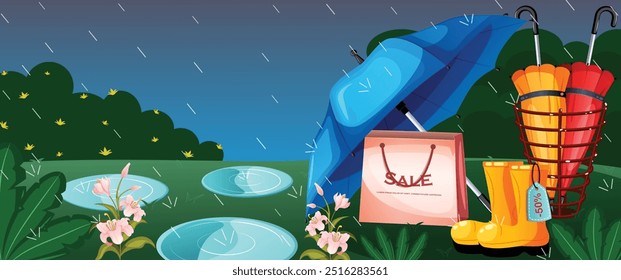 Banner Monsoon Sale com Copyspace. Guarda-chuva, saco de compras, botas de chuva e desconto Tag Elements Against Cartoon Outdoor Background with Puddles, Zephyr Lilies, Greenery and Pouring Rain 