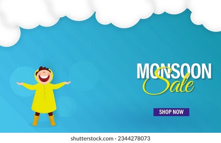 Monsoon Sale Banner Design with Cheerful Boy Enjoying Rainfall in Raincoat on Clouds Blue Background.