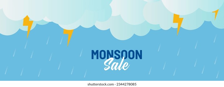 Monsoon Sale Banner or Header Design with Rainy Thunder Clouds on Blue Background.