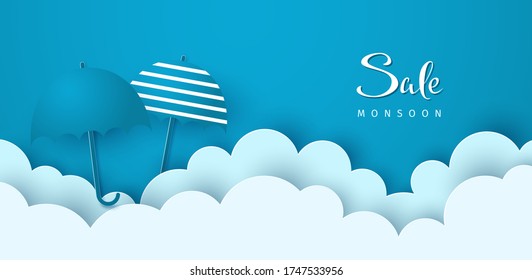 Monsoon sale banner. Paper cut style