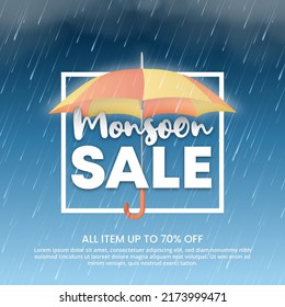 Monsoon sale banner with realistic rain and umbrella