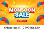 Monsoon sale banner template, Rainy season background, Monsoon special offer sale vector illustration