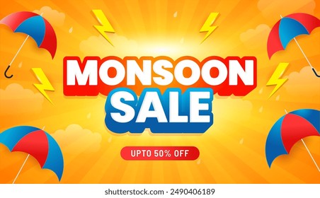 Monsoon sale banner template, Rainy season background, Monsoon special offer sale vector illustration