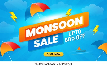 Monsoon sale banner template, Rainy season background, Monsoon special offer sale vector illustration