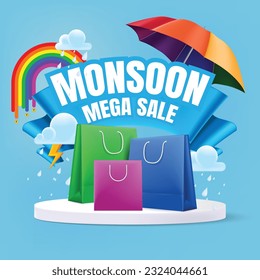 Monsoon sale banner template with shopping bags on podium surrounded with monsoon elements