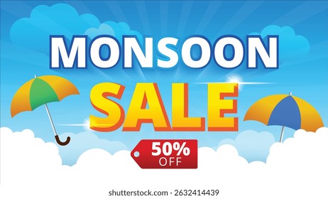 monsoon sale banner template,cloudy background,Monsoon special offer vector illustration.Huge offer with creative design,umbrella,clouds.