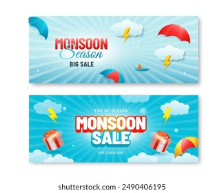 Monsoon sale banner templates set, Rainy season background, Monsoon special offer sale vector illustration