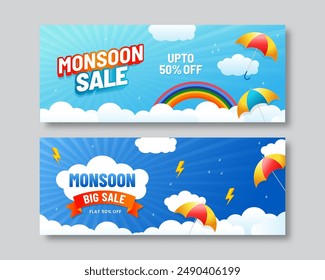 Monsoon sale banner templates set, Rainy season background, Monsoon special offer sale vector illustration