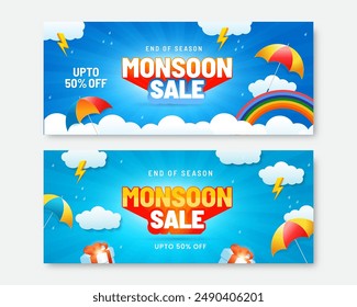 Monsoon sale banner templates set, Rainy season background, Monsoon special offer sale vector illustration