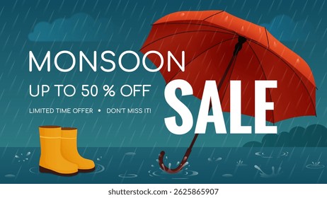 Banner de venda de monção com guarda-chuva e fundo chuvoso
