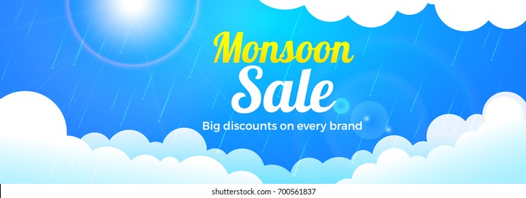 Monsoon Sale with Big Discount Offer. Creative banner with clouds and rain.