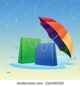 Monsoon sale concept. Shopping bags under umbrella while raining