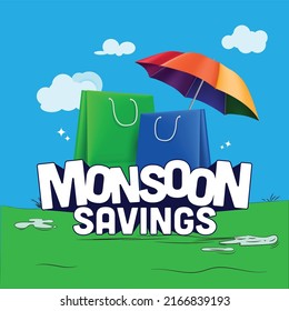 Monsoon sale concept - shopping bags under umbrella