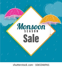 Monsoon Sale concept with umbrellas on rain drops background.