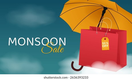 monsoon sale day banner, discount template with umbrella and shopping bag