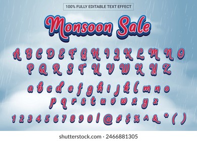 Monsoon Sale Font Style 3D Effect. Complete set of alphabet, number and symbol. Mobile Game and Fun Zone on ecommerce platform.