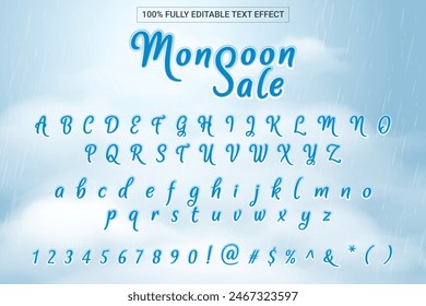 Monsoon Sale Font Style 3D Effect. Complete set of alphabet, number and symbol. Mobile Game and Fun Zone on ecommerce platform.