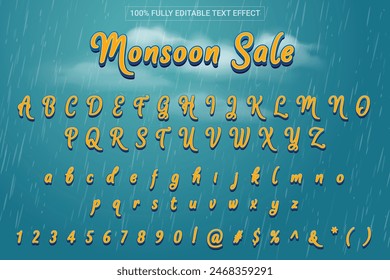 Monsoon Sale Font Style 3D Effect. Complete set of alphabet, number and symbol. Mobile Game and Fun Zone on ecommerce platform.