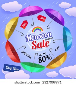 The monsoon sale illustration design concept highlighting  discounts and special offers. It aims to evoke a sense of freshness, vibrancy, and the joy of shopping during the monsoon season.
