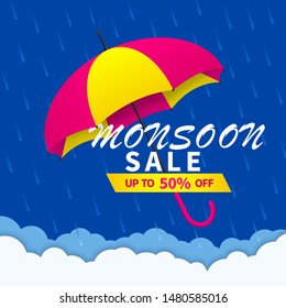 Monsoon sale offer background with rain and umbrella. Monsoon season sale concept for poster, flyer, website. Umbrella with rainy season for offer. vector eps10
