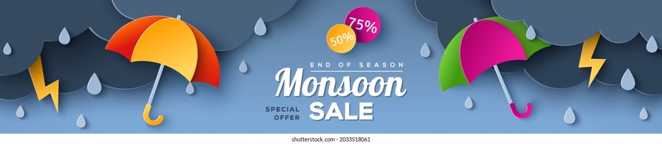 Monsoon sale offer banner template with paper cut clouds and colorful umbrella on blue background. Vector illustration. Place for text. Overcast sky with rain, thunderstorm, thunder and lightning.