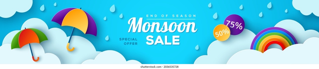 Monsoon sale offer banner template header with paper cut clouds, rainbow and colorful umbrella on blue background. Vector illustration. Place for text. Overcast sky with rain