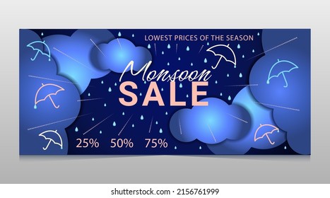 Monsoon sale offer banner template header with clouds and umbrella on gradient background. Vector illustration. Place for text. Overcast sky with rain