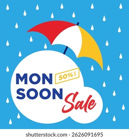 Monsoon sale offer banner template. Flat monsoon sale illustration with umbrella
