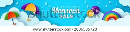 Monsoon sale offer banner template header with paper cut clouds, rainbow and colorful umbrella on blue background. Vector illustration. Place for text. Overcast sky with rain