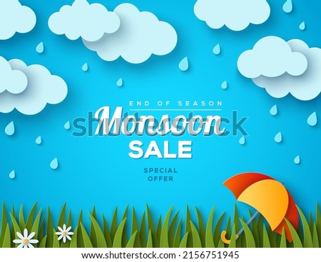 Monsoon sale offer banner template, paper cut clouds, green lawn, colorful umbrella on blue background. Vector illustration. Place for text. Overcast sky, rainy day. Vector illustration.