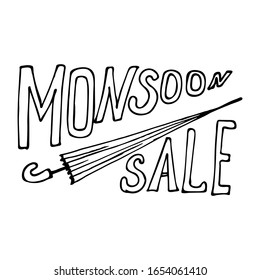 Monsoon sale offer concept. Monsoon rainy season. Background inscription sale. Vector stock illustration. Line art. Hand-drawn