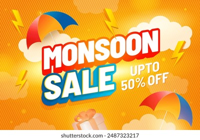 Monsoon sale offer illustration. Rainy season banner template, Umbrella with raindrops and lighting background