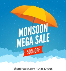 Monsoon sale offer rain season background. Rainy monsoon promotion poster template.