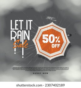 Monsoon sale offer written on umbrella. man walking with umbrella under heavy rain and clouds