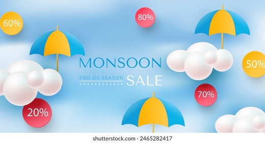 Monsoon Sale offers banner template header with realistic clouds and colorful umbrellas in the sky. Vector illustration.