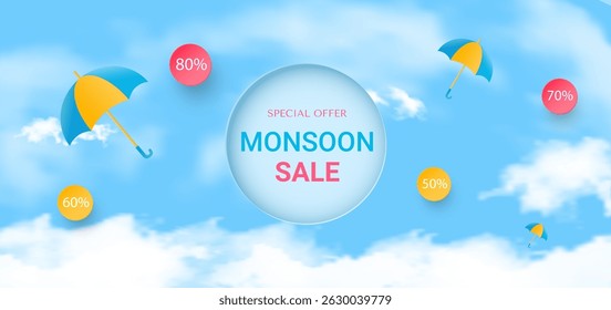 O Monsoon Sale oferece um modelo de cabeçalho com nuvens realistas e guarda-chuvas coloridos no céu. Vetor