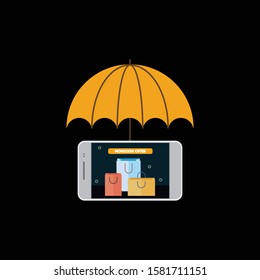 MONSOON sale on mobile with open umbrella vector, Shopping online concept