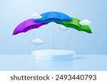 Monsoon sale podium template. Background with podium and clouds, autumn illustration with colorful umbrellas. Vector illustration.