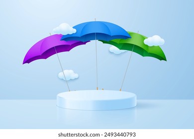 Monsoon sale podium template. Background with podium and clouds, autumn illustration with colorful umbrellas. Vector illustration.